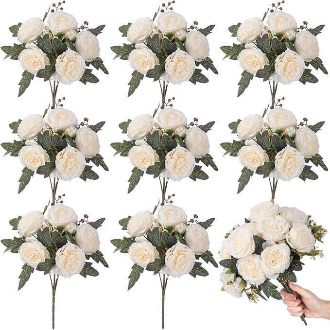 8 Bundles Artificial Peonies Flowers Boho Faux Flowers Arrangements Artificial Centerpiece Spring Bouquet Floral Wedding Decoration for Vase(Milk White)