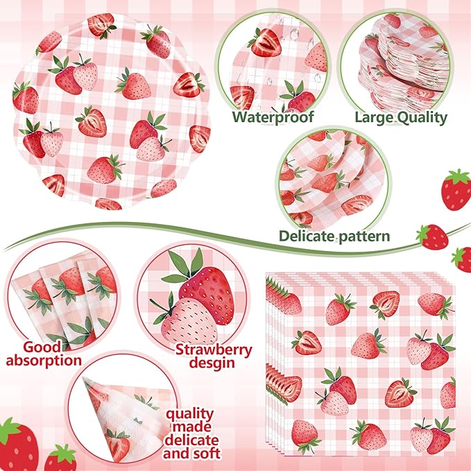 Pickmesh 400 Pcs Strawberry Birthday Party Plates and Napkin Decoration Summer Watercolor Fruit Tableware Cups Knives for Wedding Berry First Birthday Themed Baby Shower Party Supplies Serve 50