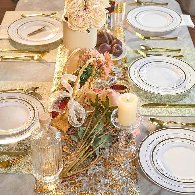 350 Pieces Gold Disposable Plates for 50 Guests, Disposable Plastic Plates for Party, Wedding, Dinnerware Set of 50 Dinner Plates, 50 Salad Plates,50 Cups and 50 Paper Napkins, Gold