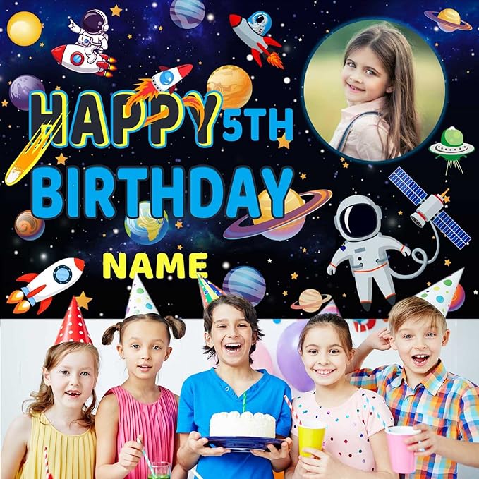 Custom Space Galaxy Astronaut Happy Birthday Party Decorations Supplies Personalized Outer Space Galaxy Astronaut Planet Birthday Backdrop Banner(5x7.5ft)