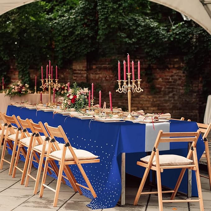 24Pack Disposable Plastic Tablecloths and Satin Table Runner Set Blue and Silver Dot Tablecloth Silver Satin Table Runner for Wedding Birthday Baby Shower Anniversary Christmas New Year Party Supplies