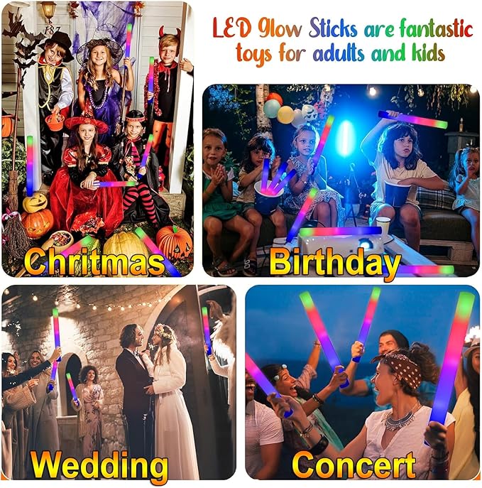 LifBetter Light Up Glow Sticks Bulk, LED Foam Sticks in The Dark with 3 Modes Flashing Led Foam Multicolor Batons Light up Party Favors for Birthdays, Weddings, Concerts, Festivals (45pcs)