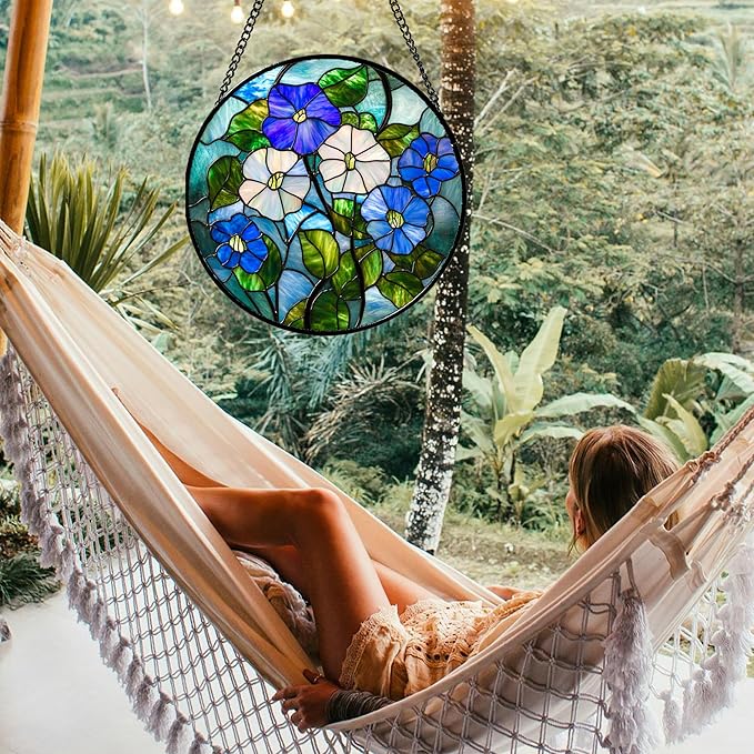 Stained Glass Window Hanging - Blue White Morning Glory Birth Flower Suncatcher for Door Garden Yard Sun Catchers Decor Christmas Mother's Day Birthday Gifts for Women Mom Nana Friend 11.8 in