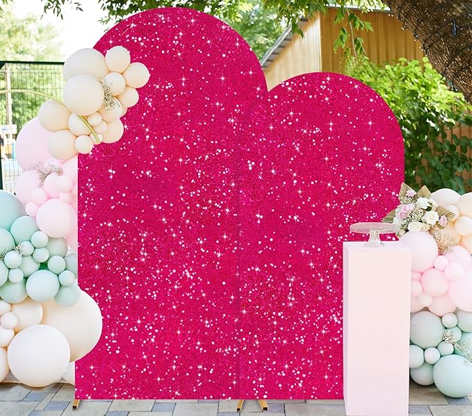 Spandex Arch Backdrop Cover Set of 2 （7.2FT, 6FT） Hot Pink Wedding Arch Covers Stretchy Backdrops Sparkly Sequin Arches Backdrop Stands Cover Chiara Backdrops Covers for Baby Shower Birthday Parties