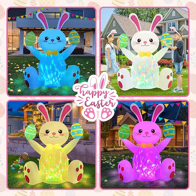 Easter Inflatables Outdoor Decorations 4ft Cute Inflatable Bunny Hold Eggs Blow Up Yard with LED Lighted Colorful Happy Rabbit Blow Ups for Outside Holiday Party Garden Lawn Indoor Home Decor