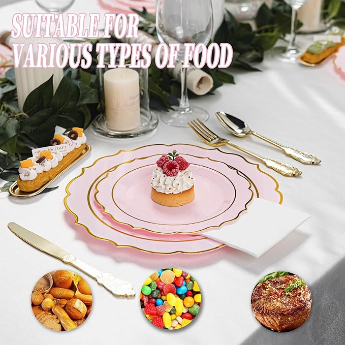 350PCS Pink Plastic Plates, Gold Plastic Dinnerware Sets for 50 Guests, Include 100 Disposable Plates, 50 Cups and 50 Pre Rolled Napkins with 150 PCS Gold Silverware for Party and Wedding