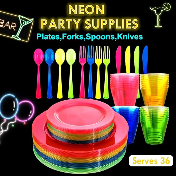 Supernal 216pcs Plastic Dinnerware Set include Rainbow Disposable Plates for Party Heavy Duty,Colorful Disposable Cups,Plastic Silveware in Neon Pink,Blue,Green,Yellow, Pefect for Birthdays