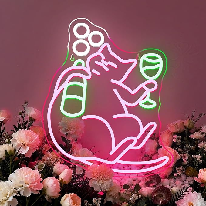 NOSUN Cat Beer Neon Sign Funny Bar Neon Signs for Wall Decor with Dimmable Cat Beer Led Sign Pink Animal Bar Light Up Signs for Bedroom Men Cave Home Birthday Party Home Decor