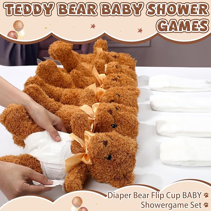 Bear Blindfolded Diaper Changing Baby Shower Games Baby Dolls Diapers for Bridal Shower Gender Reveal Games Prizes Gifts for Adults Boys Girls (Tan,6 Sets)