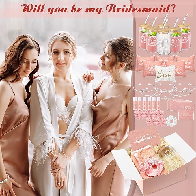 54 Pcs Bridesmaid Proposal Gifts, Maid of Honor Gift Include Wedding Gift Box Makeup Bag Invited Card Glass Cup Lip Balm Scrunchie Bracelet for Bridal Shower Bachelorette Party(Pink, White)