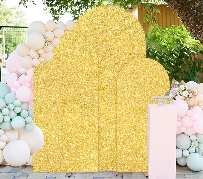 FUHSY Gold Arch Cover 7.2FT, 6.6FT, 6FT Sequin Wedding Arch Covers Stretchy Backdrop Set of 3 Glitter Spandex Arch Stand Cover Chiara Backdrop Covers for Birthday Party Baby Shower Ceremony Decor
