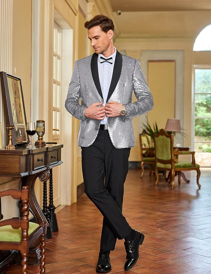 COOFANDY Mens Shiny Sequin Blazer Tuxedo Party Dinner Prom One Button Suit Jacket