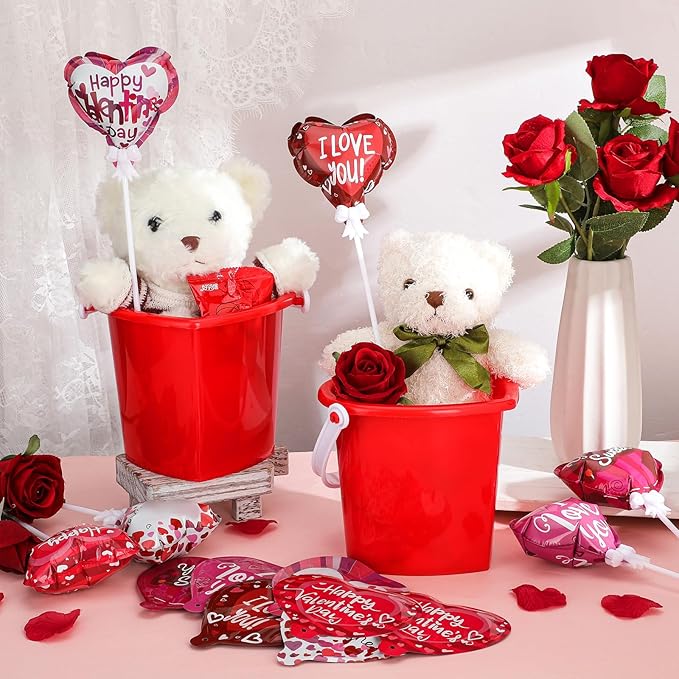 60 Pcs 4 Inch Valentine‘s Day I Love You Balloons Self Inflating Valentine Heart Automatic Inflatable Mini Foil Balloons on a Stick for Party Decor