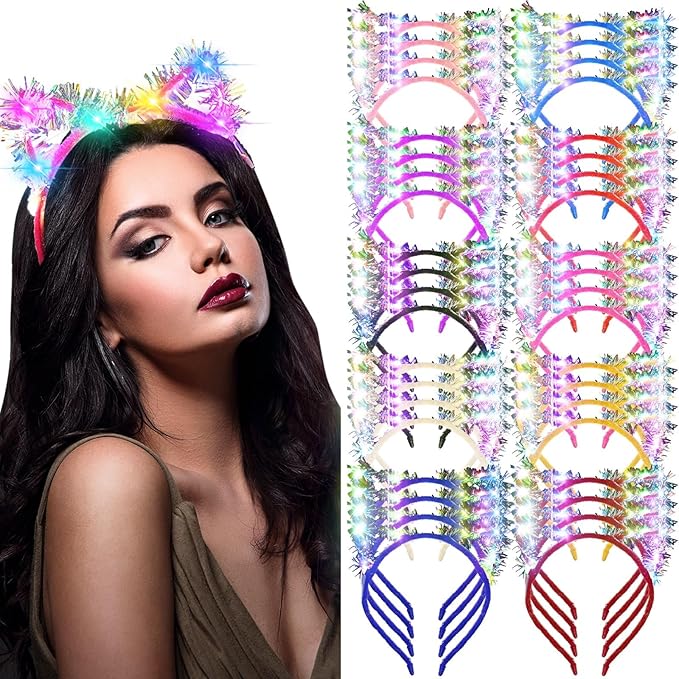 WILLBOND 40 Pcs LED Golden Silk Cat Ears Headband Halloween Cute Light up Headband Glow Cow Horn LED Hair Hoop for Women Girls Adult Birthday Festival Concert Party Hair Accessories