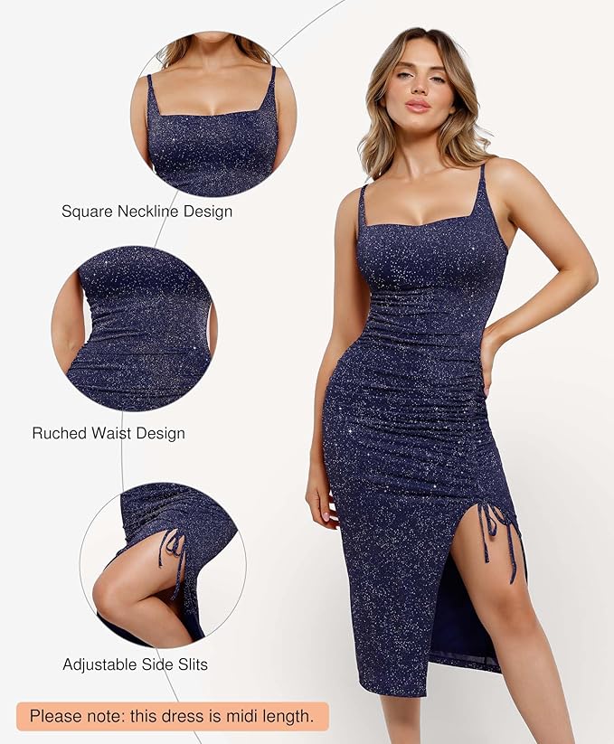 Popilush Shapewear Midi Dress Women's Sparkly Formal Wedding Guest Cocktail Dresses Fall Square Neck Ruched Dress Side Slit