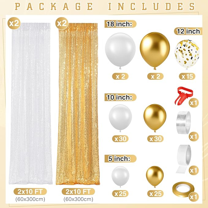 137 Pcs White Gold Party Backdrop Kits - 4 Sequin Backdrop Curtain 133 Balloon Garland Kit Photo Prop Background for Engagements Bridal Shower Graduation Anniversary Party Decoration