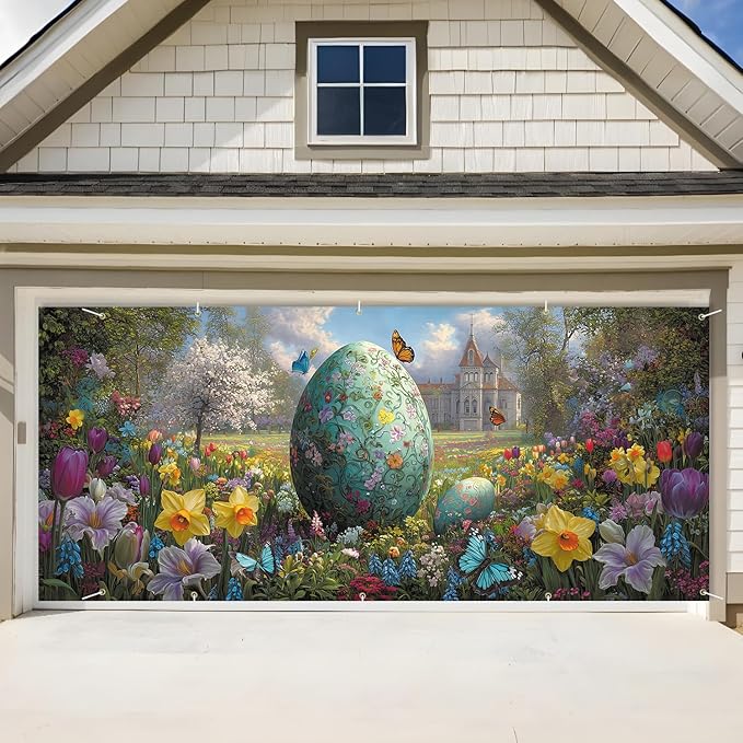 Floral Easter Egg Garden Garage Door Banner 7x16FT, Colorful Eggs & Spring Flowers Garage Door Cover, Outdoor Decoration for Easter & Spring