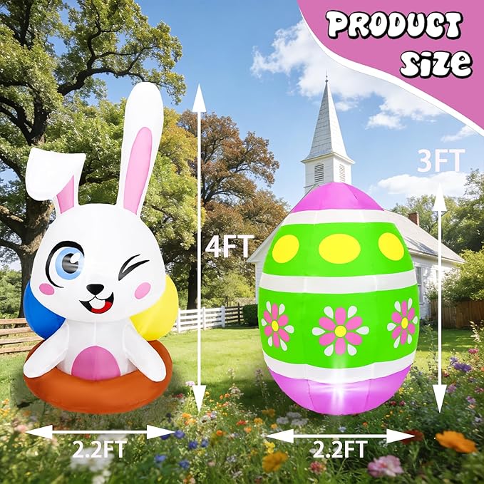 Dearsun 4FT Inflatable Easter Bunny& Egg Blow up Outdoor Yard Decorations, Easter Inflatables with LED Lights for Holiday Party Indoor Outdoor Décor