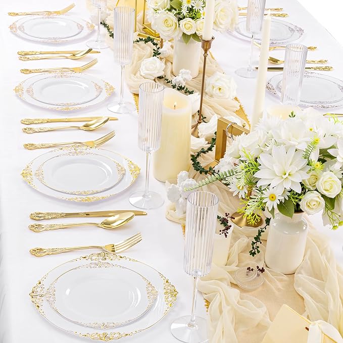 200PCS White and Gold Plates - Gold Plastic Plates - Fancy Disposable Plate - Gorgeous Dinner & Dessert Plate for 100 Guests for Wedding & Party