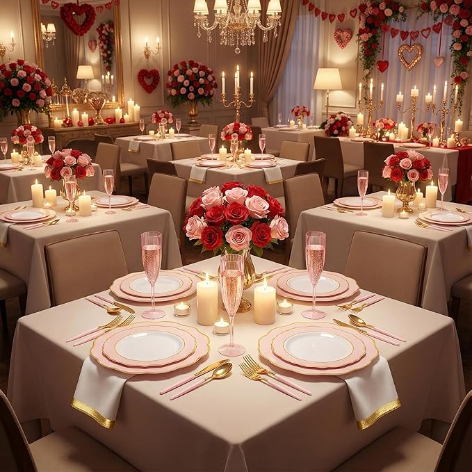 WDF 30Guest Pink Plates Disposable - Hign-end Baroque Design - Gold Plastic Silverware with Handle-Baroque Pink &Gold Plastic Dinnerware for Valentine's Day/Wedding