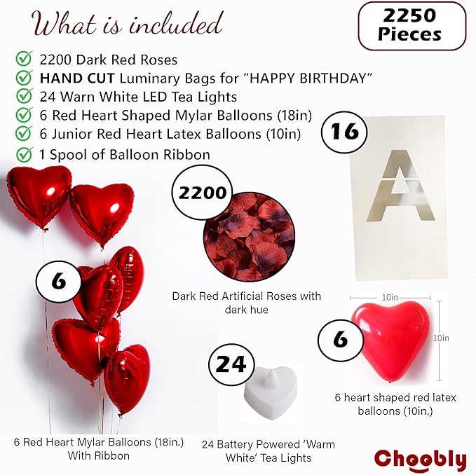 Luminary Bags with LED Tea Light Candles, Balloons, and Rose Petals – Romantic Decorations for Proposals, Anniversaries, and Special Moments (Happy Birthday)