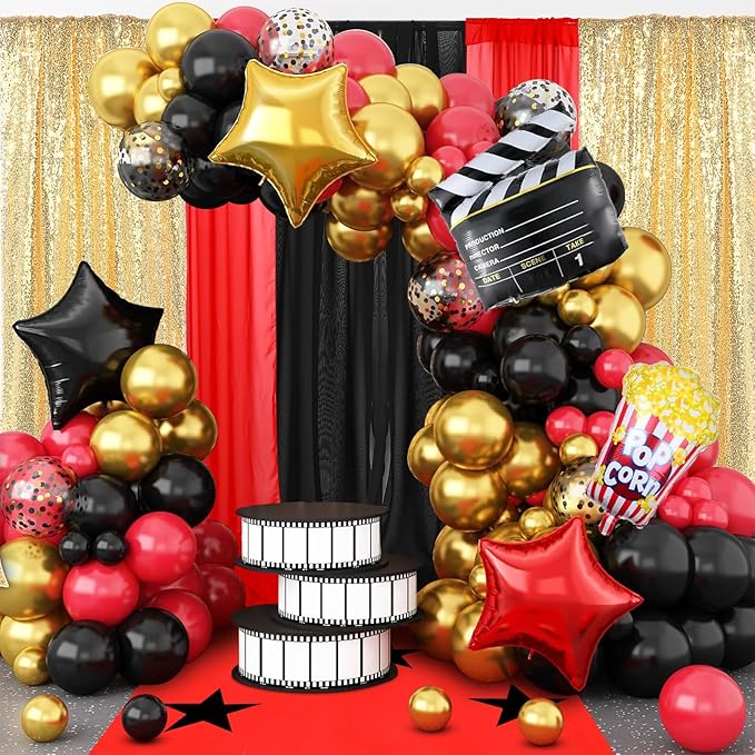 Red Black Gold 7 Pcs Movie Night Sequin Backdrop Curtains 2ft x 8ft Photo Background Curtain Stage Door Entrance Runner Cover for New Year Movie Night Theme Party Wedding Birthday Decor