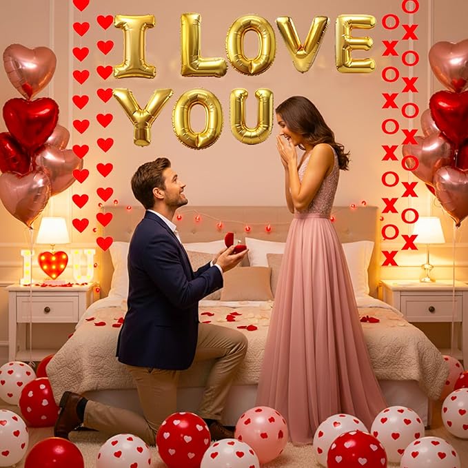 Auihiay Valentines Day Decorations Kit - 236 Inch Hearts LED String Lights, 2000 Rose Petals, XO Heart Garland, I LOVE YOU Light Board & Heart Foil Balloons for Valentine Proposal Wedding Anniversary