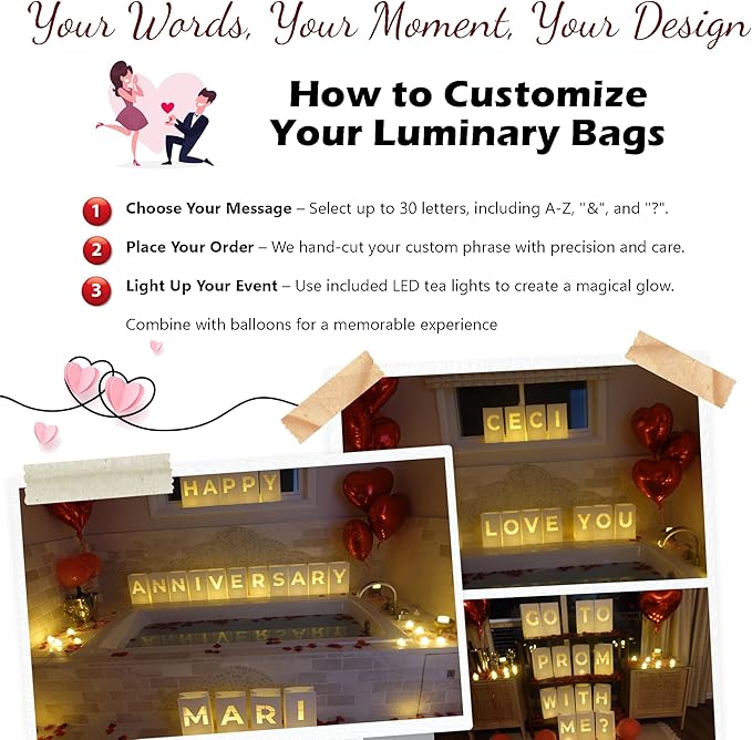 Design Your OWN Customizable Luminary Bags with LED Tea Light Candles, Balloons, and Rose Petals – Romantic Decorations for Proposals, Anniversaries, and Special Moments