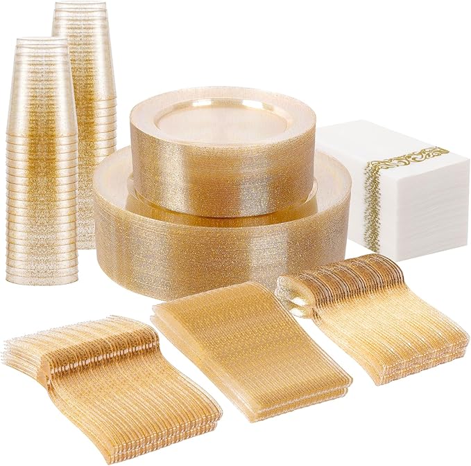 Supernal 400pcs Gold Glitter Plastic Dinnerware, Disposable Plates for Party Include 50 Gold Plastic Plate, 50pcs Dessert Plate 100 Glitter Forks, 50 Disposable Knives and Spoons, 50Cups and Napkins