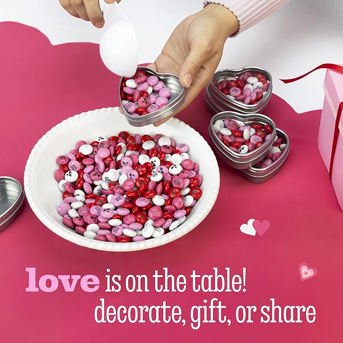M&M’S Valentine's Day Chocolate Gift Kit, 2lb Red Pink White M&M'S with Messages, 20 Heart-Shaped Silver Tins for Personalized Candy Favors, Galentine’s Gifts, Party Favors, Office Candy Treat Bags