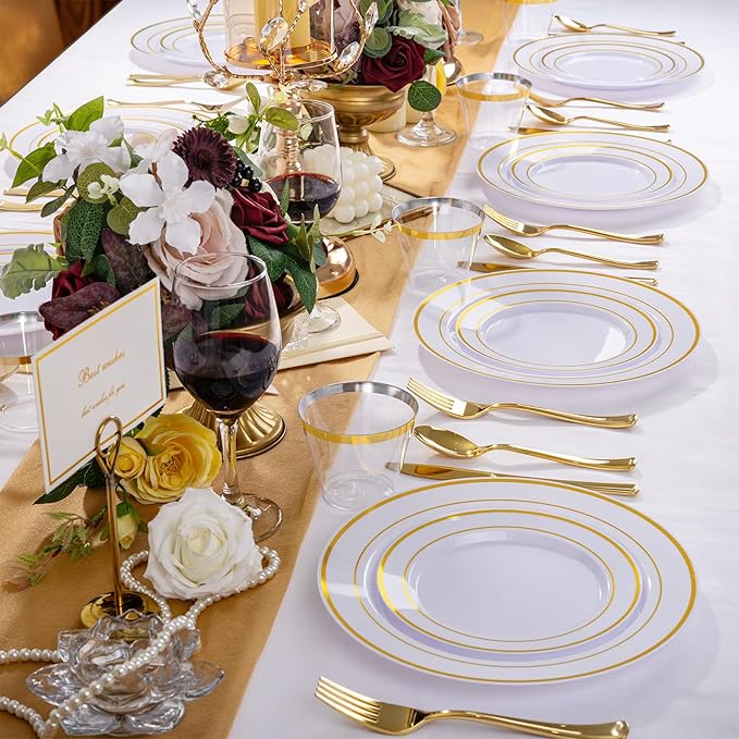 WELLIFE 600 PCS Gold & White Disposable Dinnerware Set for 100 Guests — White Plastic Plates with Gold Rim, Dinner & Salad Plates, Cups, Forks, Knives & Spoons for Weddings & Elegant Events