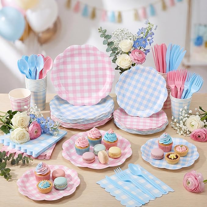 452 Pcs Gender Reveal Gingham Party Decoration for 50, Pink and Blue Gingham Checkered Paper Plates Napkins Cups Tablecloth Cutlery Straws for Gender Reveal Baby Shower Party Supplies