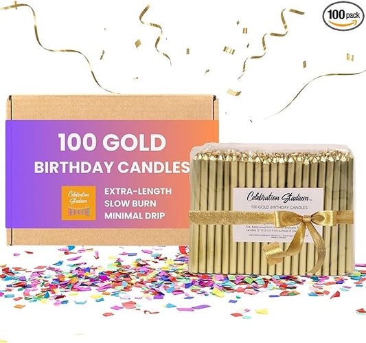 Tall Gold Birthday Candles for Cake and Table Decorations, Perfect for Milestone Special Day, Elegant Gold Birthday Candles, Ideal for Celebrations, 100 Pieces, 3.25 Inches