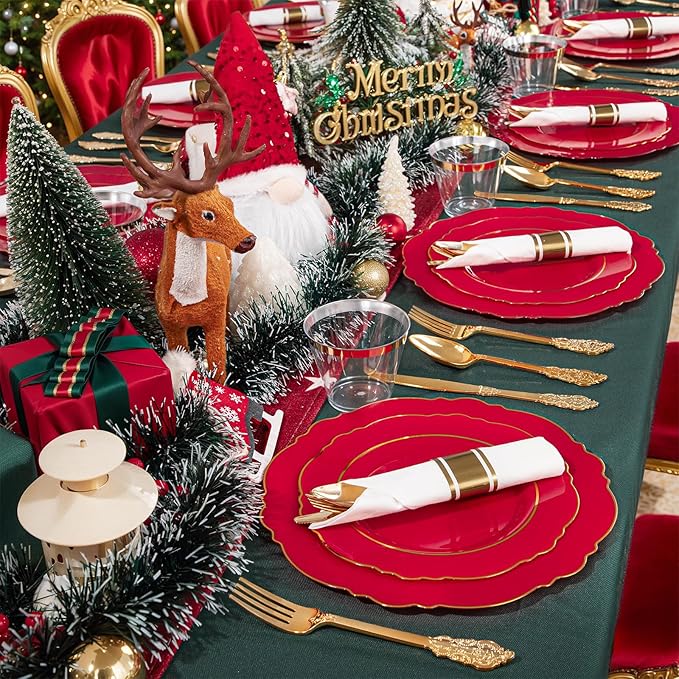 Liacere 175PCS Red Plastic Plates - Red Disposable Plates With Gold Rim -25Guest Baroque Plastic Dinnerware include 50Plates-25Pack Pre Rolled Napkins with Silverware 25Cups for Valentine's Day