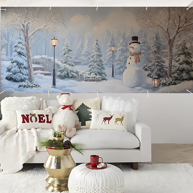 Garage Door Banner 7x16FT, Winter Snow Park & Snowman Garage Door Cover, Large Outdoor Xmas Decoration for Double Garage, Yard, Fence & Holiday Parties