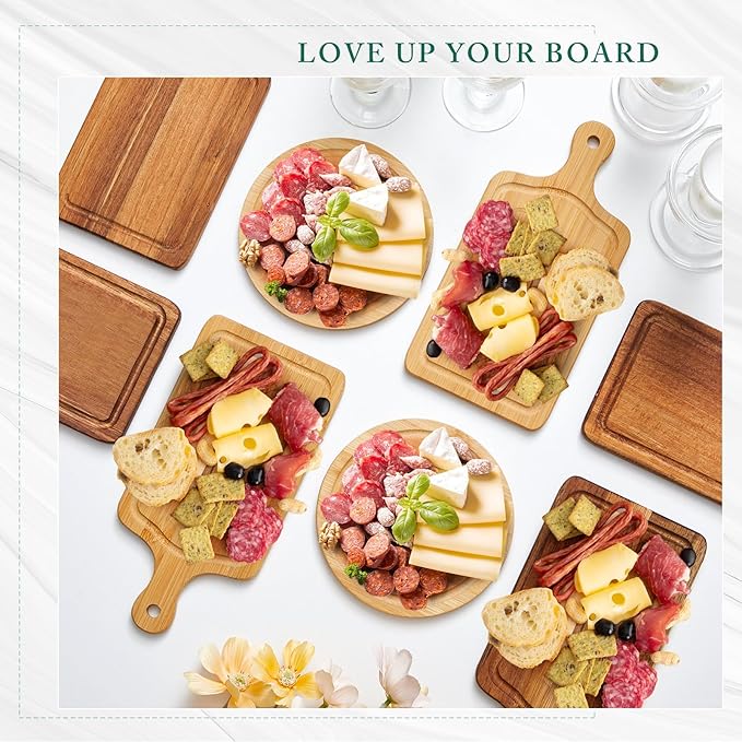 50 Set Bridal Baby Shower Cheese Prizes Wooden Square Board Gift Set Knives Forks Thank You Tags with Box for Guests for Valentines Bridal Baby Shower Housewarming Gifts (Acacia Color)
