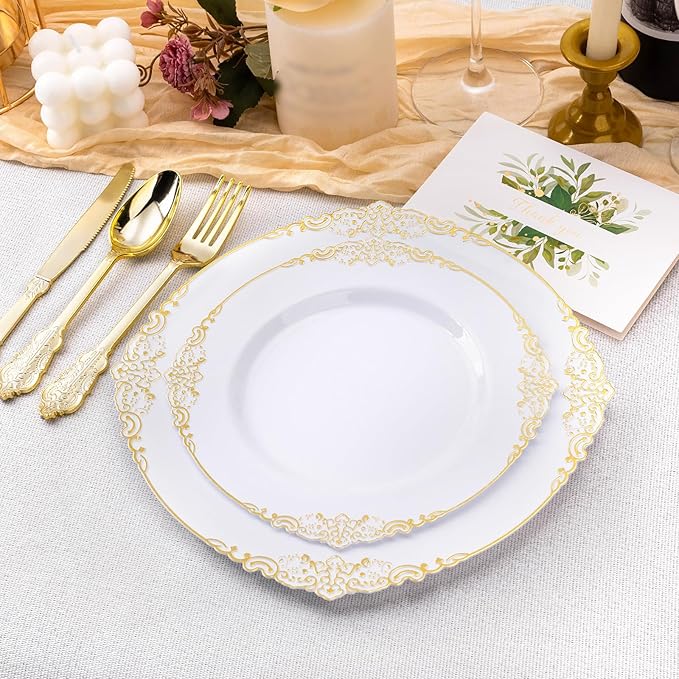 200 PCS White and Gold Plastic Plates for 100 Guests, Gold Disposable Plates Include 100 PCS Dinner Plates, 100 PCS Dessert Plates for Party, Wedding and Graduation