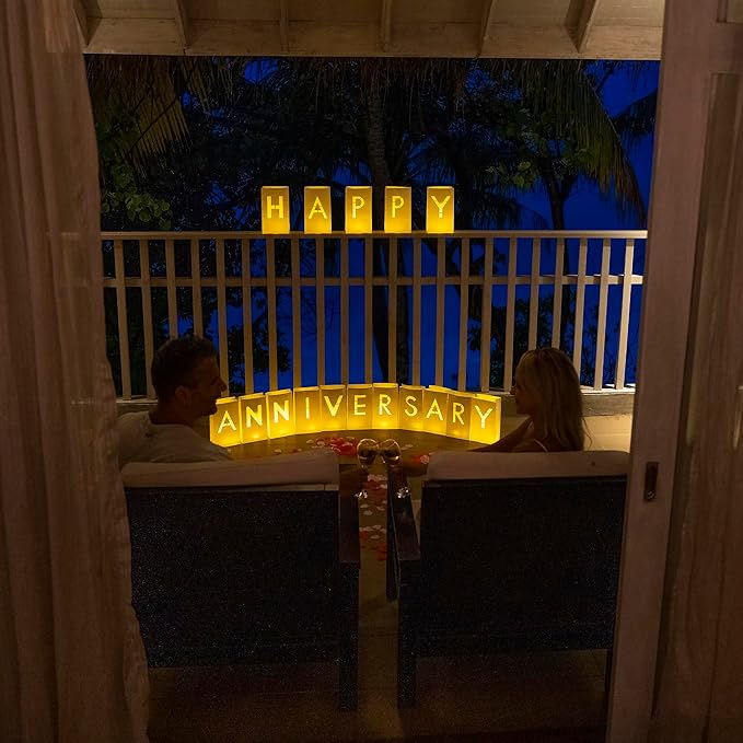 Happy Anniversary Decorations Light up Letters with Tea Lights Candles and Rose Petals Included - Luminary Paper Bags to be Used as Happy Anniversary Banner and Anniversary Decorations Romantic