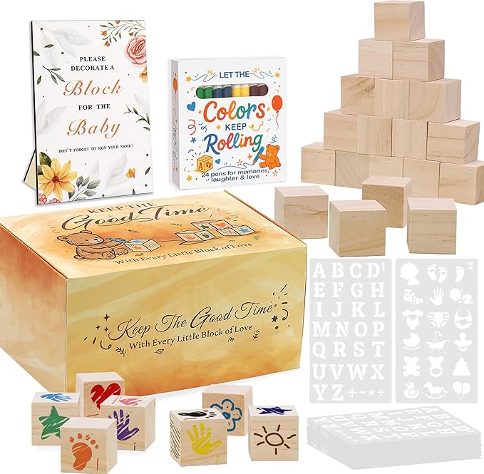 95 PCS Baby Shower Games Sign Kit for Boys Girls, 1 Wooden Game Sign, 52 Blank Wooden Blocks for DIY Drawing, 24 Markers, 18 Stencils, Baby Shower Game for Gender Reveal Activity Decorations