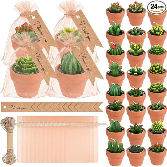 MTLEE 24 Pcs Succulent Tealight Candles - Wedding Party Baby Shower Valentines Gifts Birthday Pack with Terracotta Pot, Organza Bag, Tags, Twines