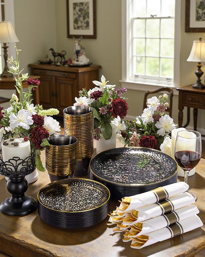 Hioasis 175pcs Black Gold Plastic Plates - Black Plastic Dinnerware Set Includes 25 Dinner Plate, 25 Dessert Plate, 25 Cups, 25 Napkins Perfect for Wedding & New Year