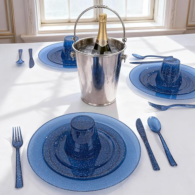DaYammi 210PCS Cobalt Blue Glitter Plastic Dinnerware Set for 30 Guests, Fancy Disposable Plates for Party, Include: 30 Dinner Plates, 30 Dessert Plates, 30 Pre Rolled Napkins with Silverware, 30 Cups