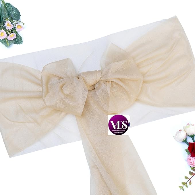 VDS Pack of 125, Champagne, Sheer Chiffon Chair Sashes Bows Chair Cover Back Tie Ribbon for Wedding Birthday Baby Shower Engagement Ceremony Event Party Banquet Restaurant Dining Chair Decoration