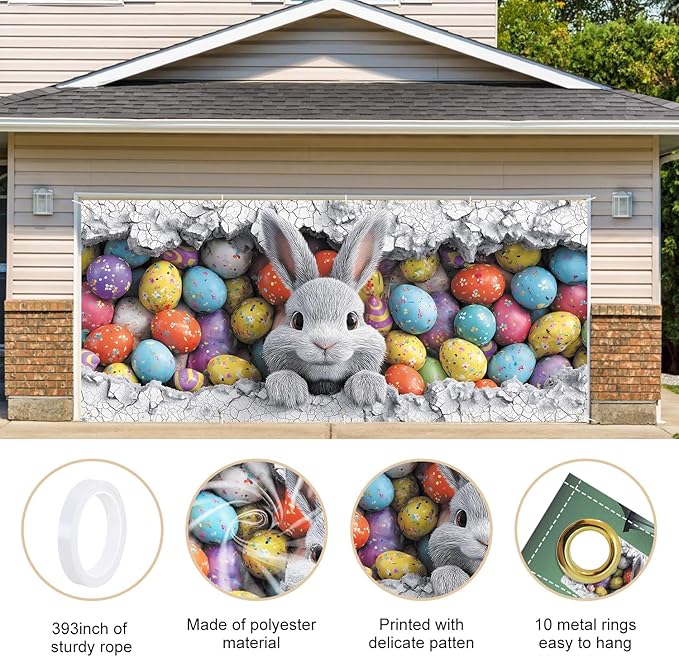 Easter Bunny with Colorful Eggs Garage Door Banner 7x16FT, Cute Bunny & Easter Egg Design, Outdoor Spring Holiday Decoration for Garage & Front Yard