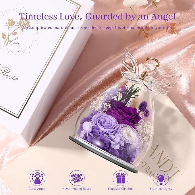 Gifts for Women, Valentines Day Decorations Flowers for Delivery Fresh Bouquet Forever Preserved Flowers Real Rose Angel Figurine Glass, Xmas Decor Gifts for Mom Grandma Wife Sister, Purple
