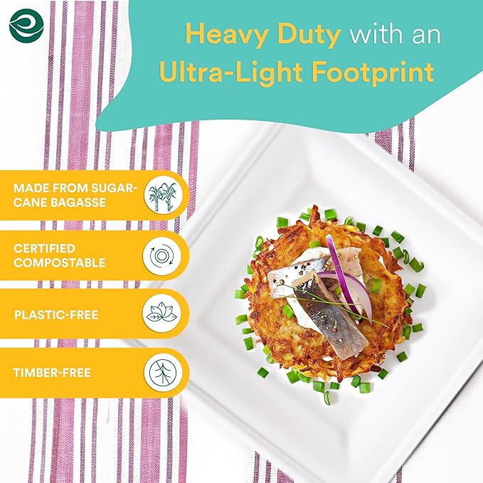 ECO SOUL 6 Inch Compostable Disposable Paper Plates [400 Pack] Food Safe 100% Virgin Bagasse Pulp Heavy Duty Biodegradable Microwave Safe Small Square Dessert Plate for Party, Picnic & BBQ (White)
