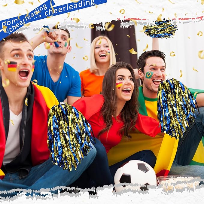 Hanaive 100Pcs Metallic Cheerleading Pom Poms with Baton Handle Cheerleader Pompom Foil 30g Cheering Squad Hand Flowers for Adults Team Spirit Sports Party Cheering