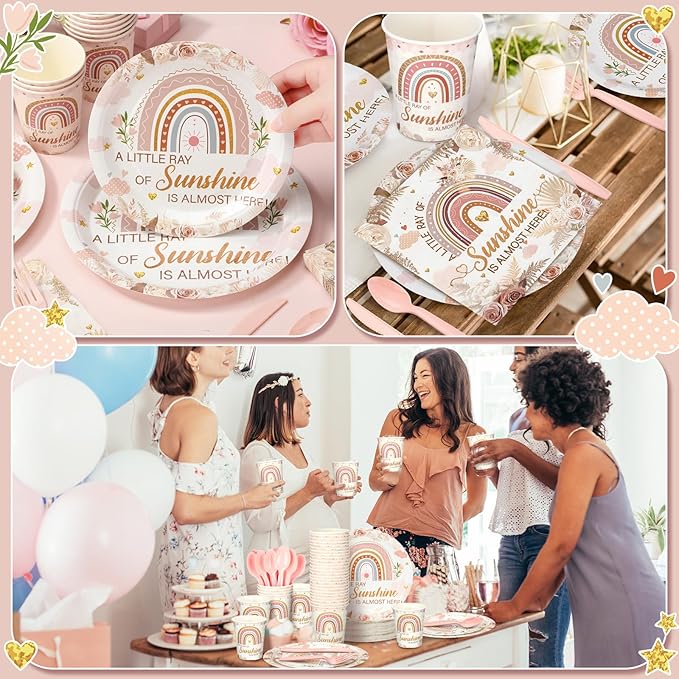 Dandat 350 Pcs Baby Shower Party Supplies Serves 50 Tableware Sets Include Plates Napkin Cup Forks Knives Spoons Disposable Dinnerware (Boho Style,Pink)