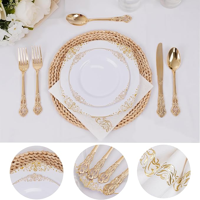 Ciaell 300PCS White and Gold Plastic Plates - Gold Disposable Dinnerware Sets for 50 Guests - 100 Plates, 50 Knives, 50 Forks, 50 Spoons, and 50 Napkins for Wedding, Anniversary, Party