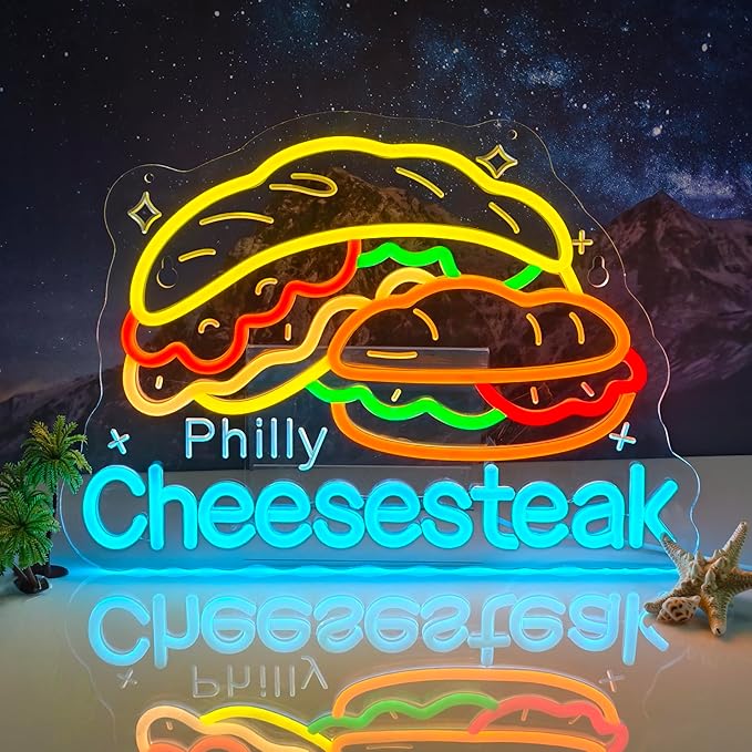 Pilly Cheesesteak Neon Sign, Neon Lights Hanging Wall Art Decoration for Restaurant Shop Deli Food Market Kitchen Home Decor, USB Powered, Ultra Bright & Dimmable, 15.75×11.4 Inches